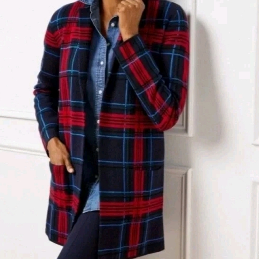 Talbots Merino Sweater Blazer L Plaid Navy Red